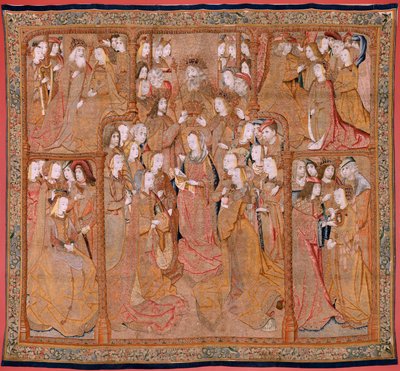 flamsk billedvev. Serien Vår Frue Andakt eller Gylne kluter. Jomfruens kroning (La Coronación de la Virgen). Fjerde billedvev i serien. Modelltegner fra kretsen til Colyn de Coter. Produksjon Pieter van Aelst, Brussel. Ca 1500-15 av Flemish School