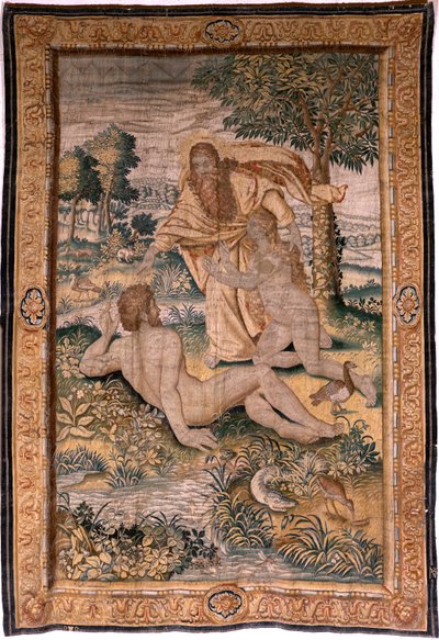 flamsk billedvev. Serien Genesis eller The Creation Man. Gud skaper kvinnen og introduserer henne for Adam (Dios crea a la mujer y la presenta a Adán). Modell basert på Michiel Coxcie. Produserer Jan Aerst i Brussel. Ca 1630. Stoff Silke og ull. av Flemish School