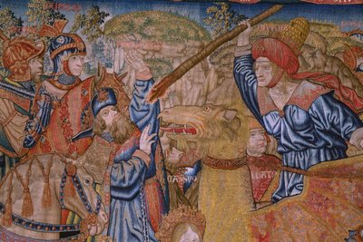 flamsk billedvev. Series Moralities: The Virtue of the honors (De deugd van de Honores, The Virtue of honours). Ca 1520. Detalj av Flemish School