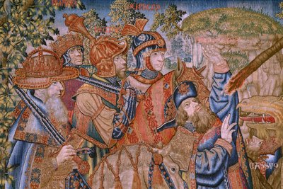 flamsk billedvev. Series Moralities: The Virtue of the honors (De deugd van de Honores, The Virtue of honours). Ca 1520. Detalj av Flemish School