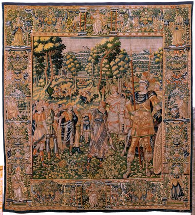 flamsk billedvev. Serien Story of Cyrus. No II Astyages gjenkjenner Cyrus (Ciro reconocido por Astiages). Anonym, basert på Michiel Coxcie. Atelier Antwerpen. Silke og ull. Ca 1590. av Flemish School