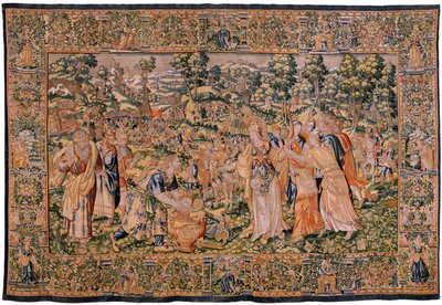 flamsk billedvev. Serien Story of Cyrus. No VI Tomyris beordrer hodet til Cyrus å dyppes i et blodkar (Tomiris manda sumergir la cabeza de Ciro en un recipiente lleno de sangre). Anonym, basert på Michiel Coxcie. Atelier Antwerpen. Silke og woo av Flemish School