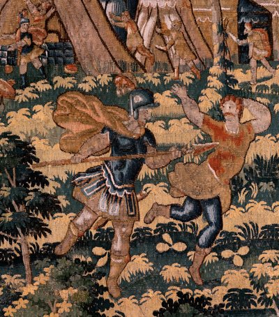 flamsk billedvev. Serien Story of Cyrus. No V Kamp mellom to krigere og Cyrus død (Combate de dos guerreros y muerte de Ciro). Anonym, basert på Michiel Coxcie. Atelier Antwerpen. Silke og ull. Ca 1590. av Flemish School