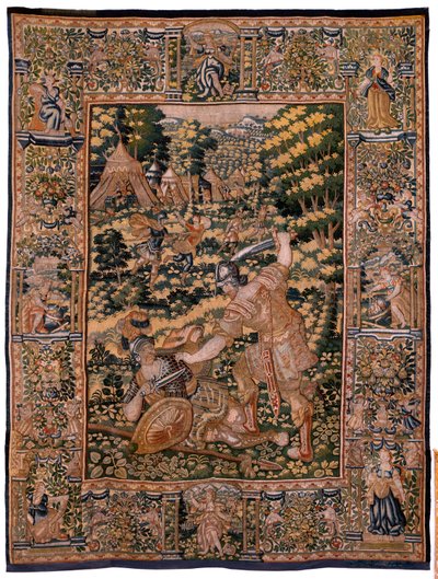 flamsk billedvev. Serien Story of Cyrus. No V Kamp mellom to krigere og Cyrus død (Combate de dos guerreros y muerte de Ciro). Anonym, basert på Michiel Coxcie. Atelier Antwerpen. Silke og ull. Ca 1590. av Flemish School