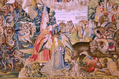 flamsk billedvev. Serien The Apocalypse: Saint Michael beseirer dragen. Atelier Willem Dermoyen, Brussel. Ca 1553-1555. Detalj. av Flemish School