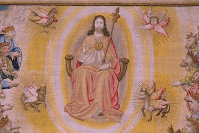 flamsk billedvev. Serien The Apocalypse: Saint Michael beseirer dragen. Atelier Willem Dermoyen, Brussel. Ca 1553-1555. Detalj. av Flemish School