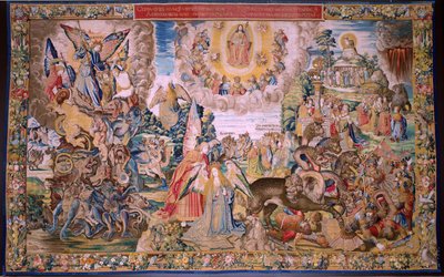 flamsk billedvev. Serien The Apocalypse: Saint Michael beseirer dragen. Atelier Willem Dermoyen, Brussel. Ca 1553-1555. av Flemish School