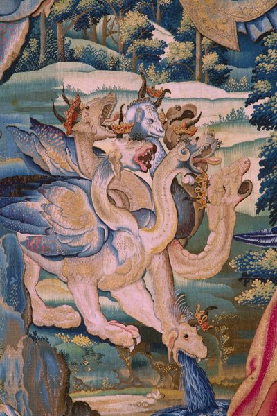 flamsk billedvev. Serien The Apocalypse: Saint Michael beseirer dragen. Atelier Willem Dermoyen, Brussel. Ca 1553-1555. Detalj. av Flemish School