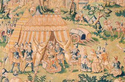 flamsk billedvev. Serien Judiths bok. Judith før Holofernes (Judith ante Holofernes). Femte billedvev i serien. Produksjon Nederland, Brussel(?). Andre halvdel av 1500-tallet. Stoff Ull. Plassering Church of Saint Nicholas of Bari (mus av Flemish School