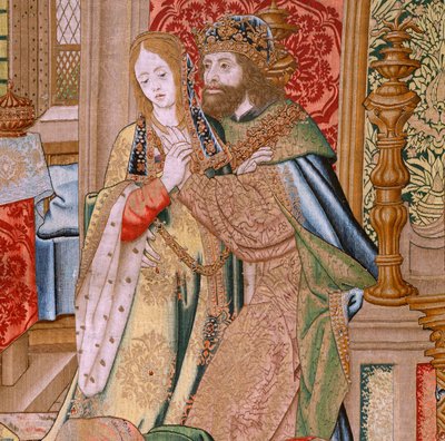 flamsk billedvev. Serien Davids og Batsebas historie. Ekteskap mellom David og Batseba (Casamiento de David y Betsabé). Andre panel i serien. Anonym modell. Ukjent produksjon, Brussel. 1505. Stoff Gull, silke og ull. av Flemish School