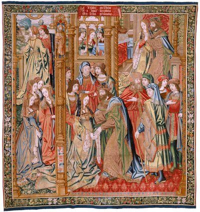 flamsk billedvev. Serien Davids og Batsebas historie. Ekteskap mellom David og Batseba (Casamiento de David y Betsabé). Andre panel i serien. Anonym modell. Ukjent produksjon, Brussel. 1505. Stoff Gull, silke og ull. av Flemish School