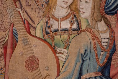 flamsk billedvev. Serien Davids og Batsebas historie. Profeten Nathan irettesetter kong David (El profeta Natán reprende a David). Tredje panel i serien. Anonym modell. Ukjent produksjon, Brussel. 1505. Stoff Gull, silke og ull. av Flemish School