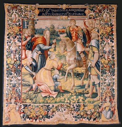 flamsk billedvev. Serien Hannibals historie. Hannibal i Italia (Aníbal en Italia). Tredje billedvev av de bevarte. Modeller Anonym mester i Nederland. Brussels produksjon, verksted. Ca 1570. Stoff Ull og silke. 6,5/7 varp per cm. Størrelse av Flemish School