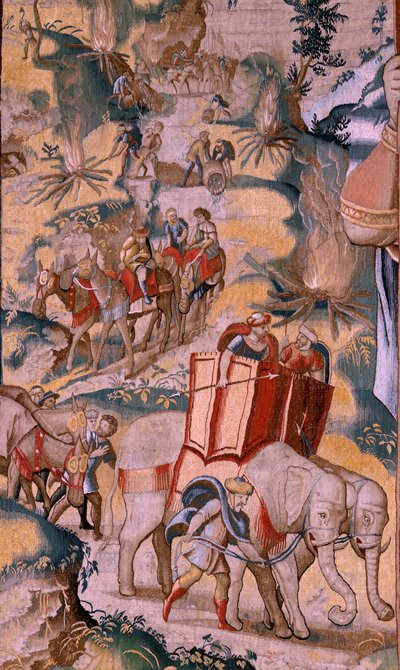 flamsk billedvev. Serien Hannibals historie. Krysset av Alpene (Paso de los Alpes). Andre billedvev av de bevarte. Modeller Anonym mester i Nederland. Brussels produksjon, verksted. Ca 1570. Stoff Ull og silke, 6,5/7 varp pr av Flemish School