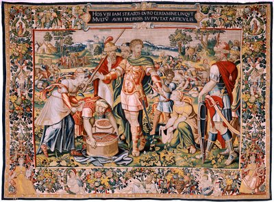 flamsk billedvev. Serien Hannibals historie. Plyndring av Cannae (El botín de Cannas). Fjerde billedvev av de bevarte. Modeller Anonym mester i Nederland. Produsere verksteder i Brussel. Ca 1570. Stoff Ull og silke, 6,5/7 varp pr cm av Flemish School