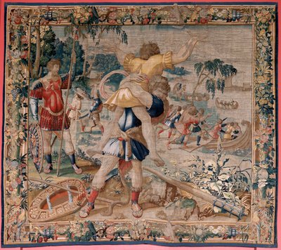 flamsk billedvev. Serien The Labors of Hercules. Hercules og Antaeus (Hércules y Anteo). Fjerde billedvev i den eksisterende serien. ; Ukjent modell. Produksjon Willem Dermoyen, Brussel. Ca 1528. Stoff Silke og ull. Størrelse 362 x 403 cm. Plassering Royal av Flemish School