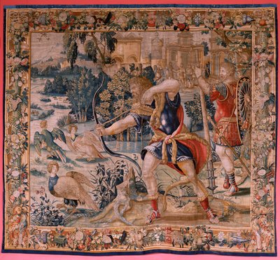 flamsk billedvev. Serien The Labors of Hercules. Hercules og stymphalian-fuglene (Hércules y las aves del lago Estínfalo). Første billedvev i den eksisterende serien. Ukjent modell. Produksjon Willem Dermoyen, Brussel. Ca 1528. Stoff Silke og ull. ; Større av Flemish School