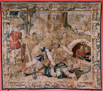 flamsk billedvev. Serien The Labors of Hercules. Hercules fanger Cerberus (Hércules captura a Cancerbero). Sjette billedvev i den eksisterende serien. Ukjent modell. Produksjon Willem Dermoyen, Brussel. Ca1528. Stoff Silke og ull. Størrelse 345 x 390 cm. L av Flemish School