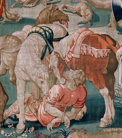 flamsk billedvev. Serien The Labors of Hercules. Hestene til Diomedes (Los caballos de Diomedes). Tredje billedvev i den eksisterende serien. Ukjent modell. Produksjon Willem Dermoyen, Brussel. Ca1528. Stoff Silke og ull. Størrelse 350 x 400 cm. Sted Royal av Flemish School