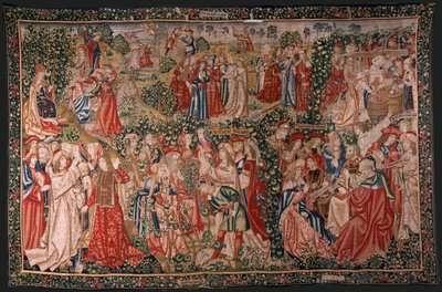 flamsk billedvev. Serien Lignelsen om arbeiderne i vingården. Oppfordringen til arbeiderne (La llamada a los trabajadores). Første billedvev i serien. Produsere Brussel, Pieter van Aelsts verksteder(?). Ca 1500. Stoff Silke og ull, 6 renninger pe av Flemish School