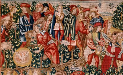 flamsk billedvev. Serien Lignelsen om arbeiderne i vingården. Betalingen av denaren (El pago del denario). Andre billedvev i serien. Produsere Brussel, Pieter van Aelsts verksteder (?). Ca 1500. Stoff Silke og ull, 6 renninger pr cm. av Flemish School
