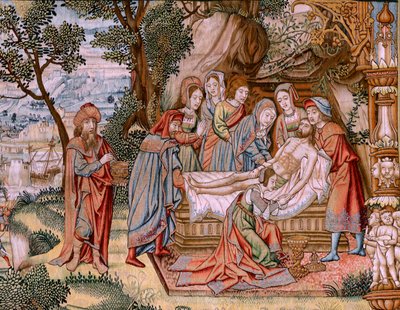 flamsk billedvev. Serien The Passion of Christ. Nedstigningen fra korset (Descendimiento). Den andre billedvevserien av Kristi lidenskap som tilhører Patrimonio Nacional. Modelltegnere fra kretsen til Jan van Roome. Produksjon Pieter va av Flemish School