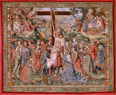 flamsk billedvev. Serien The Passion of Christ. Nedstigningen fra korset (Descendimiento). Den andre billedvevserien av Kristi lidenskap som tilhører Patrimonio Nacional. Modelltegnere fra kretsen til Jan van Roome. Produksjon Pieter va av Flemish School