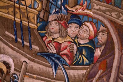 flamsk billedvev. Serie The Portuguese in India: The Arrival in Calicut (Fra Aankomst i Calicut, Llegado de Vasco de Gama til Lisboa). Ca 1510. Samling Caixa Geral de Depósitos, Lisboa. Detalj. av Flemish School