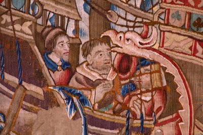flamsk billedvev. Serie The Portuguese in India: The Arrival in Calicut (Fra Aankomst i Calicut, Llegado de Vasco de Gama til Lisboa). Ca 1510. Samling Caixa Geral de Depósitos, Lisboa. Detalj. av Flemish School