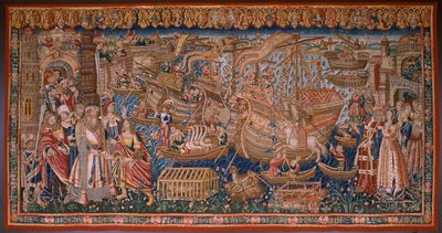 flamsk billedvev. Serie The Portuguese in India: The Arrival in Calicut (Fra Aankomst i Calicut, Llegado de Vasco de Gama til Lisboa). Ca 1510. Samling Caixa Geral de Depósitos, Lisboa. av Flemish School