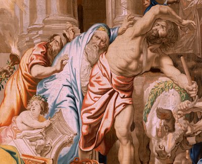 flamsk billedvev. Serien Nattverdens triumf. Eukaristiens seier over hedenske ofre (Victoria de la Eucaristía sobre los sacrificios paganos). Fjerde billedvev i serien. Modell Peter Paul Rubens. 1626-1628. Produksjon Jan II Raes, Jac av Flemish School
