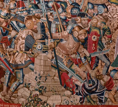 flamsk billedvev. Serien Den trojanske krigen. Ødeleggelsen av Troja (Destrucción de Troya). Elvte billedvev i serien. Model Coëtivy Master (Henry eller Conrard de Vulcop). Produser Tournai-verksteder. Ca 1470. Stoff Ull og silke, 6/7 varp pr cm. av Flemish School