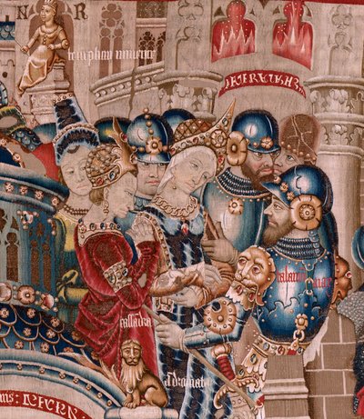 flamsk billedvev. Serien Den trojanske krigen. Ødeleggelsen av Troja (Destrucción de Troya). Elvte billedvev i serien. Model Coëtivy Master (Henry eller Conrard de Vulcop). Produser Tournai-verksteder. Ca 1470. Stoff Ull og silke, 6/7 varp pr cm. av Flemish School