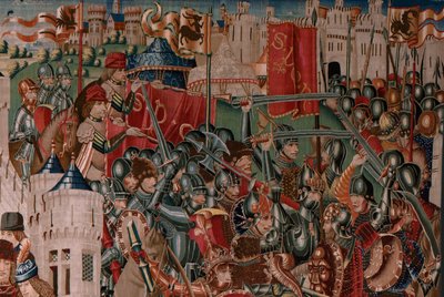 flamsk billedvev. Serie ukjent. Romersk historie? Tarquinius Priscus (Tarquino Prisco). Produsere Brussels verksteder?. Ca 1475. Stoff Ull og silke, 6 varp pr cm. Opprinnelse En donasjon fra grev Alba de Aliste, den ankom katedralen i 1608. ; Locati av Flemish School