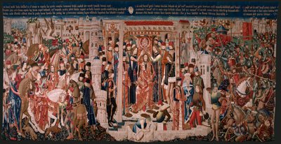 flamsk billedvev. Serie ukjent. Romersk historie? Tarquinius Priscus (Tarquino Prisco). Produsere Brussels verksteder?. Ca 1475. Stoff Ull og silke, 6 varp pr cm. Opprinnelse En donasjon fra grev Alba de Aliste, den ankom katedralen i 1608. ; Locati av Flemish School