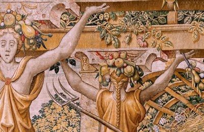 flamsk billedvev. Serien Vertumnus og Pomona. No II Vertumnus forvandlet til en bonde (Vertumno y Pomona II Vertumno transformado en agricultor) no1 venstre del. Models Circle av Pieter Coecke Van Aelst og Léonard Thiry. Atelier ukjent, Brussel. Gull, av Flemish School