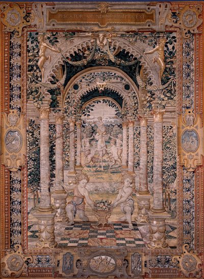 flamsk billedvev. Serien Vertumnus og Pomona. Syvende billedvev i serien; Vertumnus forvandlet til en fisker (sentral del). Models Circle av Pieter Coecke Van Aelst og Léonard Thiry. Produksjon Ukjent verksted, Brussel. Før 1550. Stoff Go av Flemish School