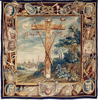 flamsk billedvev. Glorifiseringen av det hellige kors. 17. århundre. Eiendommen til kirken Sint-Walburgakerk Oudenaarde (Dekenij van de Sint-Walburga). av Flemish School