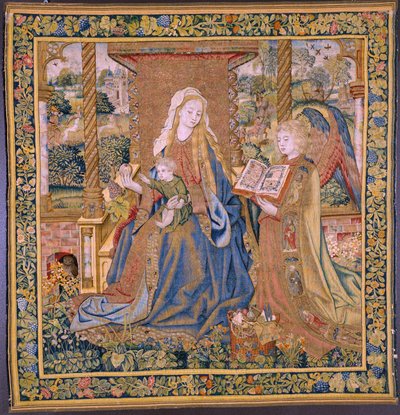 flamsk billedvev. Jomfruen med barnet og engler (Jomfruen med barnet og en engel, Mary met Kind in engelen). Ca av Flemish School