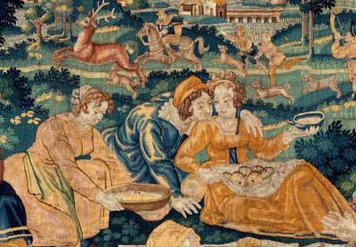 flamsk billedvev. Landmåltidet. Atelier i Oudenaarde. 331x465 cm. Iinv (83073)-8 / 00008. 1600-tallet. av Flemish School