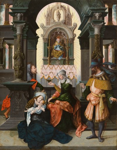 Hellig familie med St. Anne og St. Joachim, 1525 (olje på eikepanel) av Flemish School