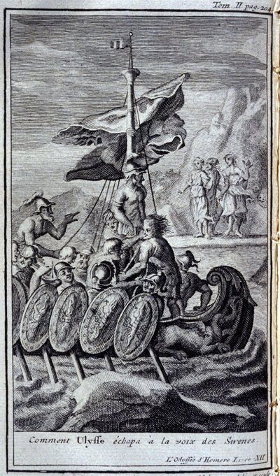 Hvordan Ulysses unnslapp sirenens stemme. Illustrasjon for bok XII av Odyssey of Homer, in the Odyssey, utgitt i Amsterdam i 1731, Collection privee Milan. av Flemish School