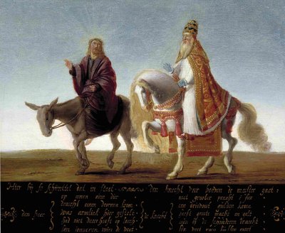 ""Jesus representert på et esel ved siden av den rikt kledde paven på en hest"" Luthersk karikatur mot paven - Anonymt maleri av Flemish School