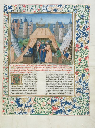MS W201 f.147 Fredsavtale fra Chroniques dAngleterre (Vol.IV) 1475-80 (tempera på vellum) av Flemish School