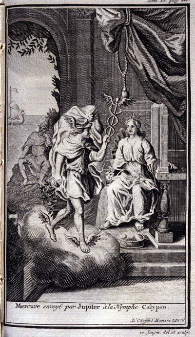 Merkur sendt av Jupiter til nymfen Calypso. Illustrasjon for bok V av Odyssey of Homer, in the Odyssey, utgitt i Amsterdam i 1731, Collection privee Milan. av Flemish School