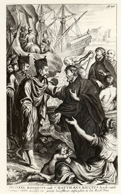 Michael Rogerius (1543-1607) og Matthaeus Riccius (1552-1610) ankommer kysten av Kina, illustrasjon fra en historie om kirken av P. Cornelius Hazart, utgitt i Antwerpen, 1668 av Flemish School