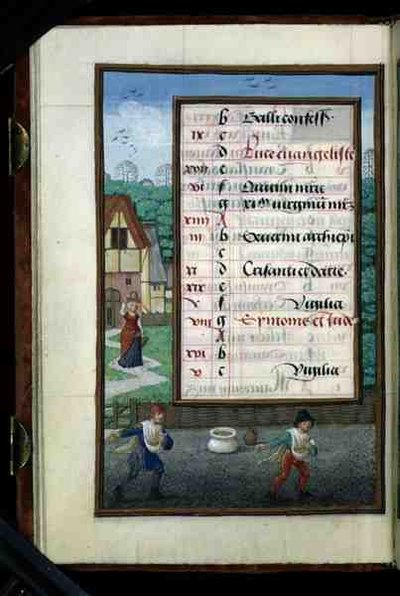 Ms 1058-1975 f.10v To menn som sår mais, opplyst kalenderside for oktober, fra en timebok, ca. 1500 (vellum) av Flemish School