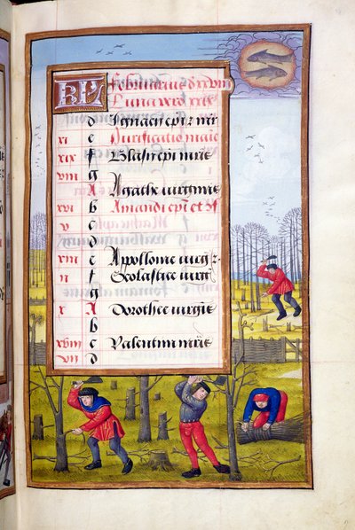 Ms 1058-1975 f2r Cutting Trees and Binding Faggots, belyst side for februar, fra a Book of Hours, ca.1500 av Flemish School