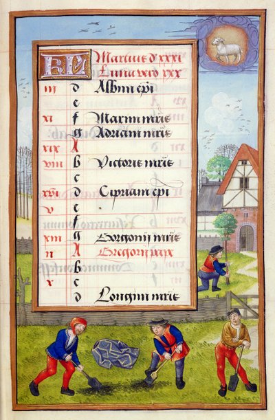 Ms 1058-1975 f3r Digging and Tree Planting, opplyst kalenderside for mars, fra a Book of Hours, ca.1500 av Flemish School