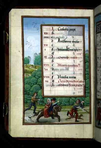 Ms 1058-1975 f4v A Master and his Lady Ride with the Hunt, opplyst kalenderside for april, fra a Book of Hours, ca. 1500 (vellum) av Flemish School